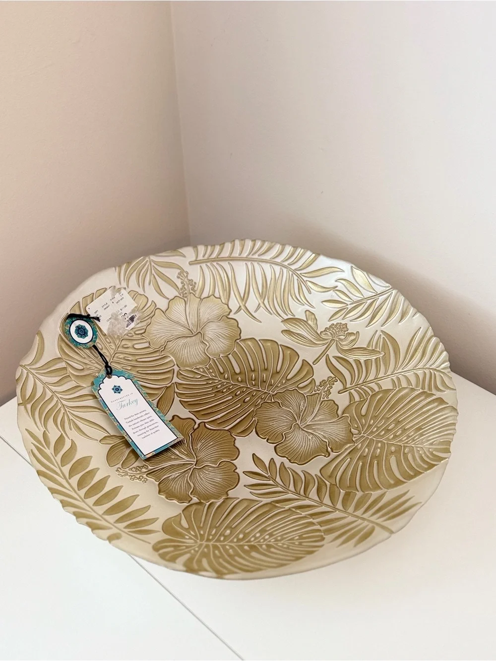 Decorative Tropical Leaf & Hibiscus Serving Bowl - Cream & Gold 13”